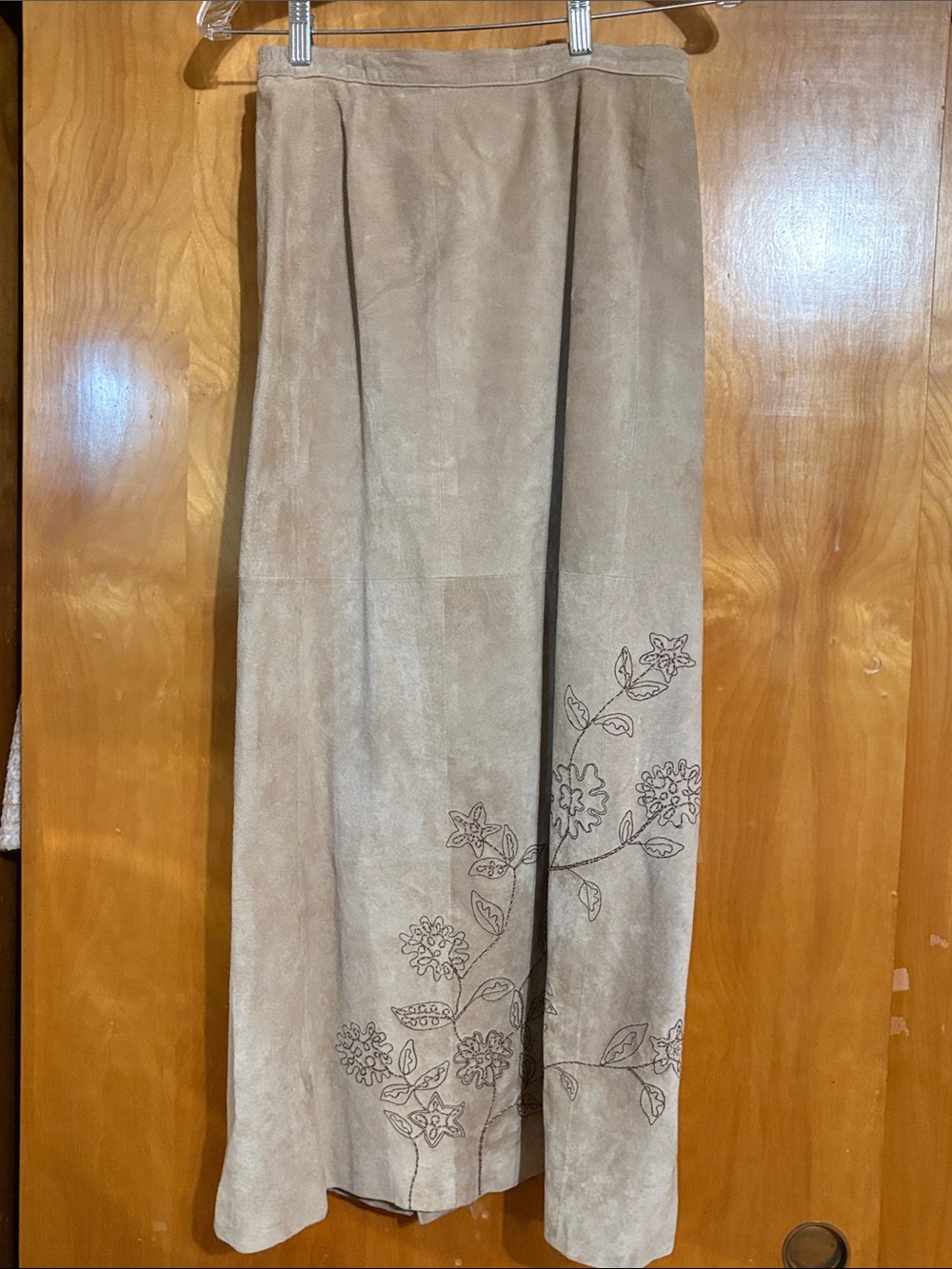 Dialogue Tan Corduroy Maxi Skirt with Floral Embroidery